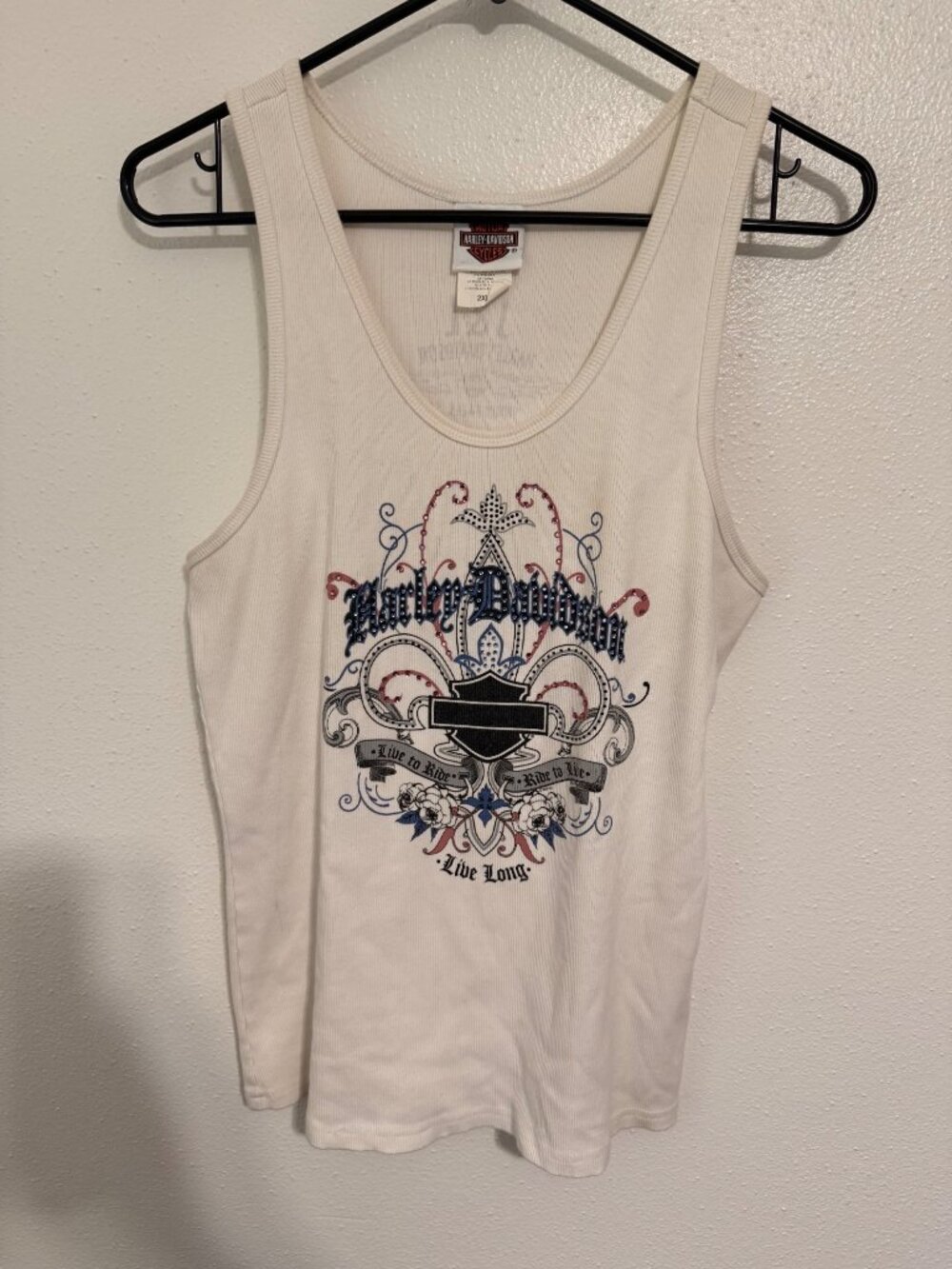 Harley Davidson Tank Top Off White With Rhinestones Live To Ride Womans 2X